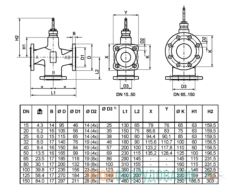 Габаритные размер клапана VXF63.15-2.5 Siemens VXF63.15-2.5