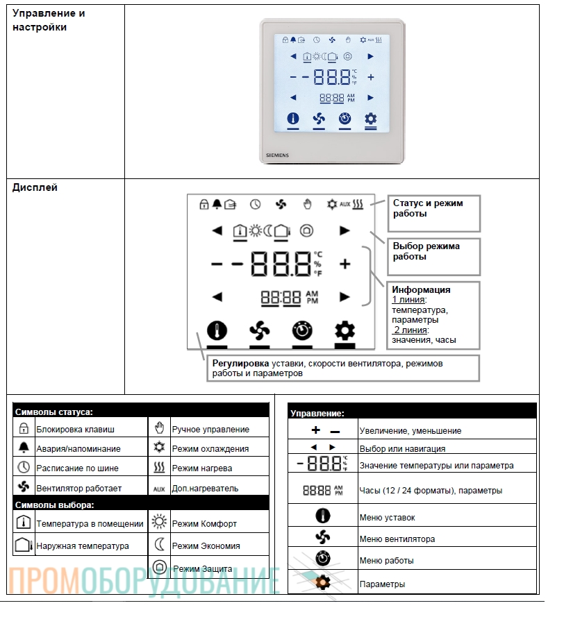 Обозначения дисплея Siemens RDF800/VB RDF800/VB
